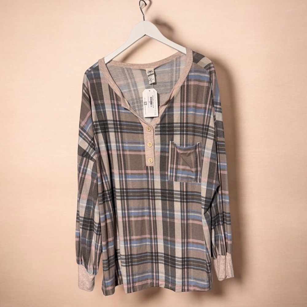 Sew In Love Plaid Henley Top Size 2X NWT